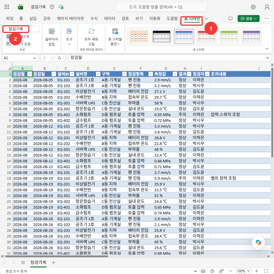 표 디자인 탭과 표 이름 점검기록
