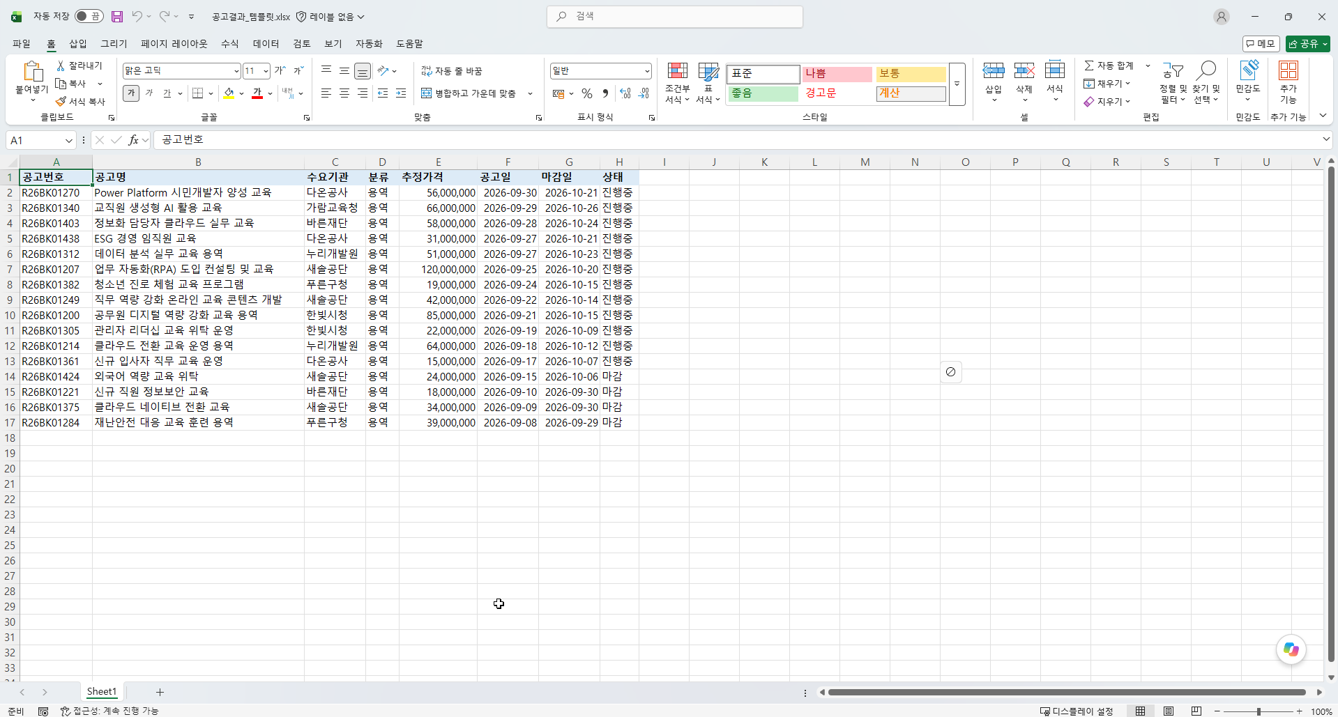 실행 중 공고결과_템플릿.xlsx 에 값이 채워진 Excel 창