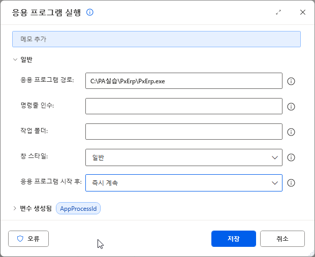 응용 프로그램 실행 — 응용 프로그램 경로 · 응용 프로그램 시작 후 즉시 계속 · 변수 생성됨 AppProcessId